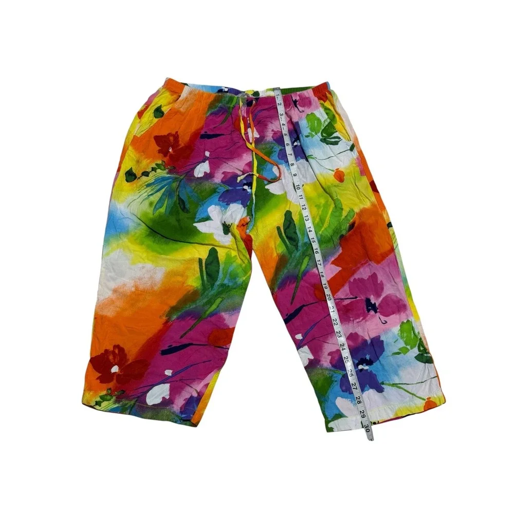 Jams World Crop Pants Womens L Floral Tropical Wide Leg Pull On Capri - Picture 7 of 11